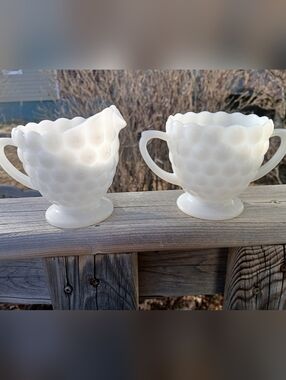 Vintage Milk Glass Hobnail Creamer and Sugar Set - White